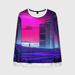 Свитшот мужской Synthwave неоновый город, цвет: 3D-белый