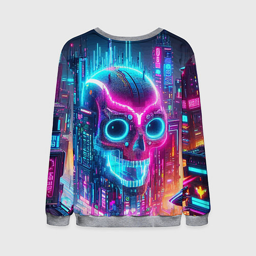 Мужской свитшот Neon skull in metropolis - future / 3D-Меланж – фото 2