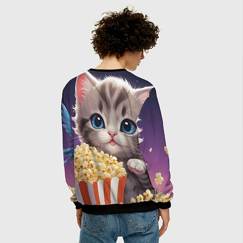 Мужской свитшот Котенок и поп-корн / 3D-Черный – фото 4