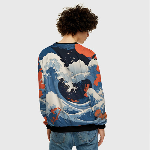 Мужской свитшот Япония волны алые цветы / 3D-Черный – фото 4