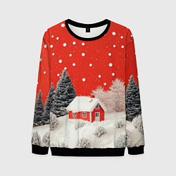 Мужской свитшот Новогодний домик и красное небо