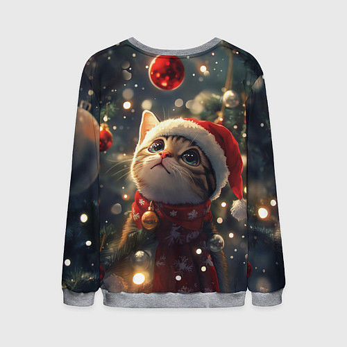 Мужской свитшот Новогодний котик смотрит на шарик / 3D-Меланж – фото 2