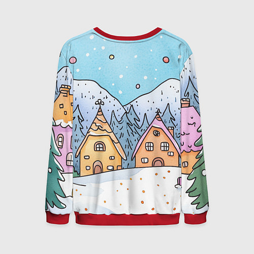 Мужской свитшот Новогодние рисованные домики / 3D-Красный – фото 2