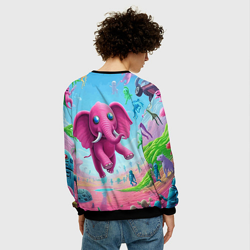 Мужской свитшот Парящий в воздухе розовый слон - сюрреализм / 3D-Черный – фото 4