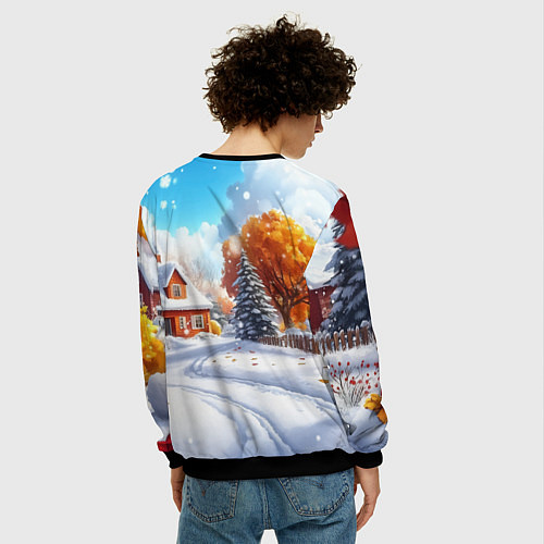 Мужской свитшот Новогодний пейзаж и домики / 3D-Черный – фото 4
