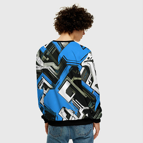 Мужской свитшот Сине-белый техно паттерн на чёрном фоне / 3D-Черный – фото 4