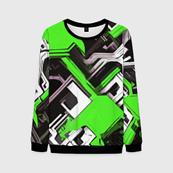Свитшот мужской Бело-зелёный техно паттерн на чёрном фоне, цвет: 3D-черный