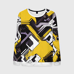 Свитшот мужской Бело-жёлтый техно паттерн на чёрном фоне, цвет: 3D-белый