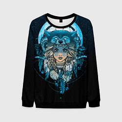 Свитшот мужской Девушка-шаманка в шапке волка, цвет: 3D-черный