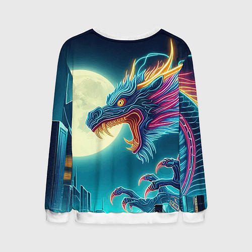Мужской свитшот Японский свирепый дракон на фоне луны / 3D-Белый – фото 2