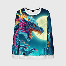Свитшот мужской Японский свирепый дракон на фоне луны, цвет: 3D-белый