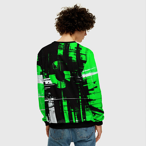Мужской свитшот Зелёно-белый гранж на чёрном фоне / 3D-Черный – фото 4