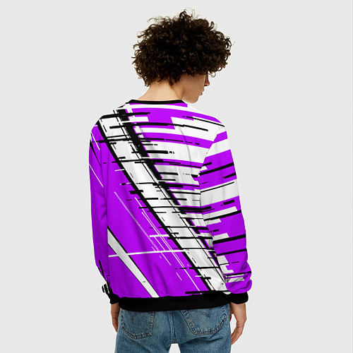 Мужской свитшот Чёрно-белые глитч полосы на фиолетовом фоне / 3D-Черный – фото 4