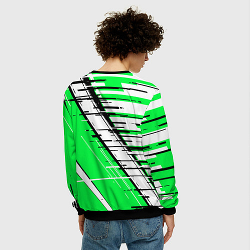 Мужской свитшот Чёрно-белые глитч полосы на зелёном фоне / 3D-Черный – фото 4