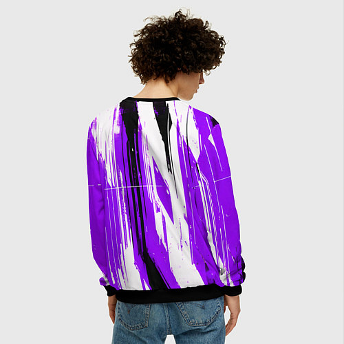 Мужской свитшот Вертикальные чёрно-белые линии на фиолетовом фоне / 3D-Черный – фото 4