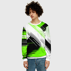 Свитшот мужской Диагональные бело-зелёные линии на чёрном фоне, цвет: 3D-белый — фото 2