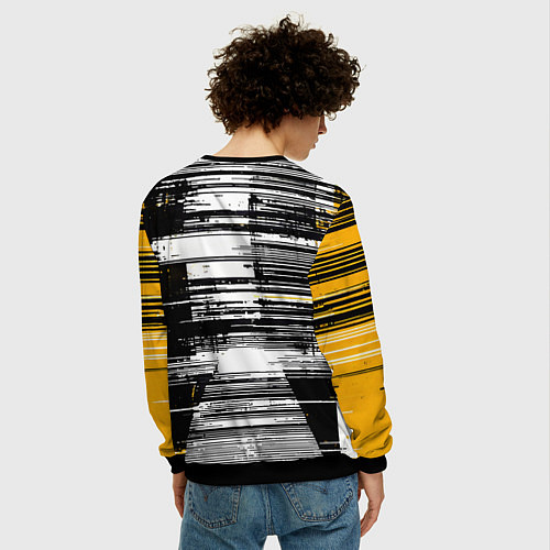 Мужской свитшот Горизонтальные чёрные линии на бело-жёлтом фоне / 3D-Черный – фото 4