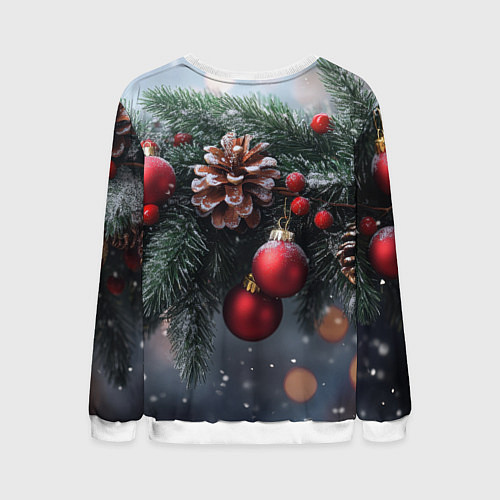 Мужской свитшот Красные игрушки на елке и шишки / 3D-Белый – фото 2