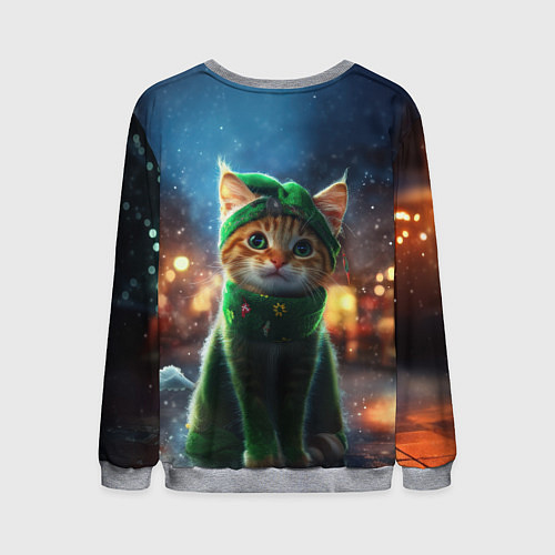 Мужской свитшот Зеленый новогодний котик / 3D-Меланж – фото 2