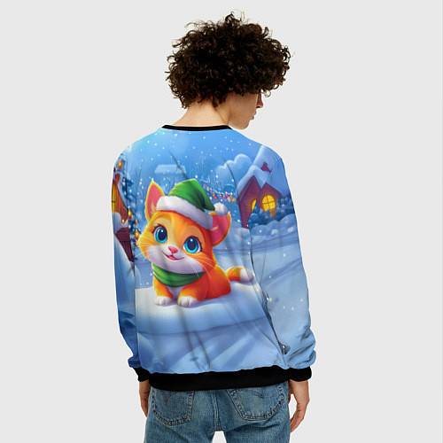 Мужской свитшот Новогодний котенок в зеленой шапочке / 3D-Черный – фото 4