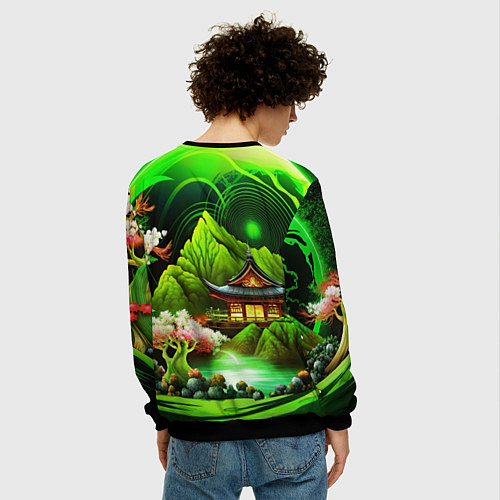 Мужской свитшот Природа Японии в зеленых цветах / 3D-Черный – фото 4