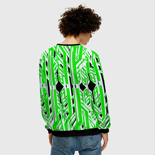 Мужской свитшот Бело-зелёные техно полосы на чёрном фоне / 3D-Черный – фото 4
