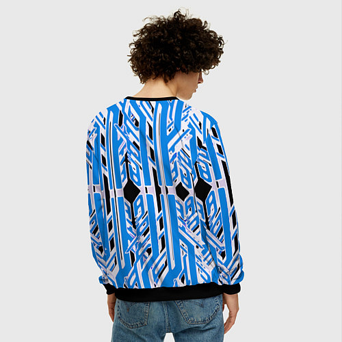 Мужской свитшот Бело-синие техно полосы на чёрном фоне / 3D-Черный – фото 4