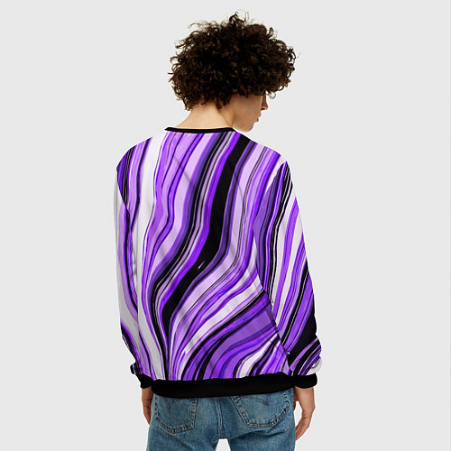 Мужской свитшот Волнистые вертикальные чёрно-фиолетовые полосы / 3D-Черный – фото 4