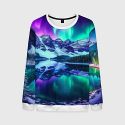 Свитшот мужской Северное сияние над горами - неоновое свечение, цвет: 3D-белый