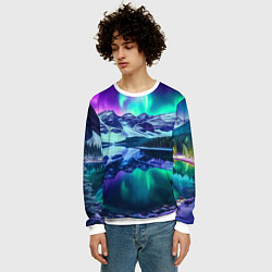 Свитшот мужской Северное сияние над горами - неоновое свечение, цвет: 3D-белый — фото 2