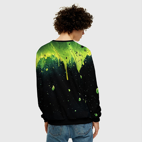 Мужской свитшот Зеленая стекающая краска по черному фону / 3D-Черный – фото 4