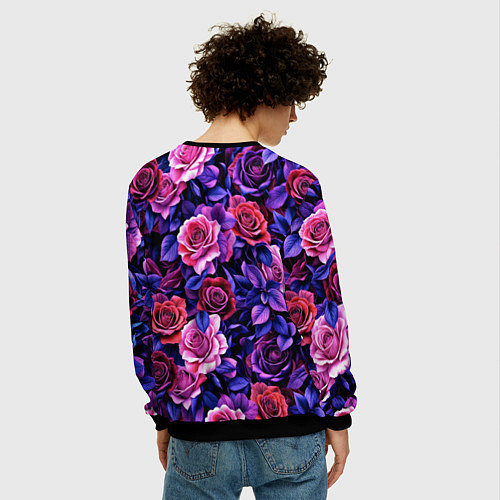 Мужской свитшот Разноцветные цветы - синие розы паттерн / 3D-Черный – фото 4