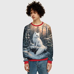 Свитшот мужской Белый лисенок в зимнем лесу, цвет: 3D-красный — фото 2