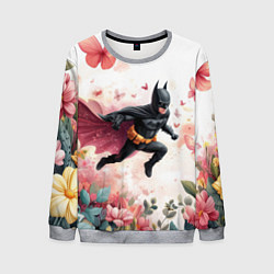Мужской свитшот Бэтмен прыгает над цветами и бабочками