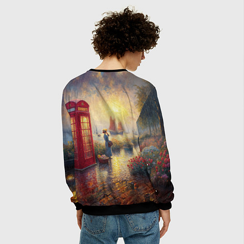 Мужской свитшот Женщина у телефонной будки на набережной / 3D-Черный – фото 4