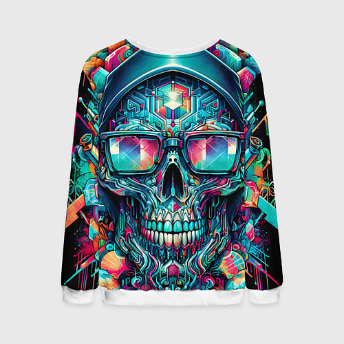 Мужской свитшот Кибер череп в балахоне и очках - нейроарт фантазия / 3D-Белый – фото 2