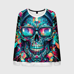 Мужской свитшот Кибер череп в балахоне и очках - нейроарт фантазия