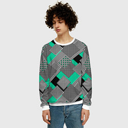 Свитшот мужской Черно бирюзовая абстрактная геометрия пэчворк, цвет: 3D-белый — фото 2