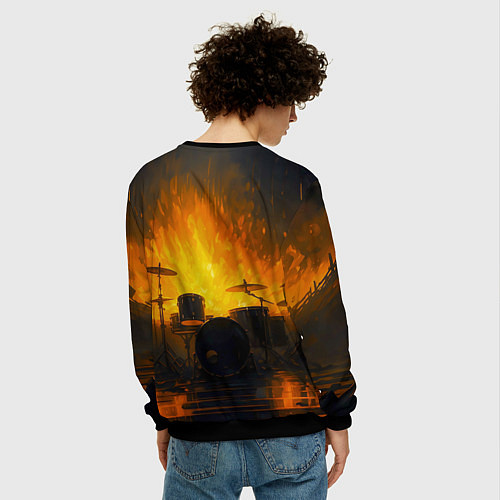 Мужской свитшот Гитарист играющий в пламени / 3D-Черный – фото 4