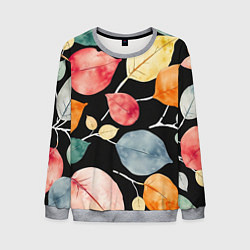 Свитшот мужской Разноцветные акварельные листья на чёрном, AI, цвет: 3D-меланж
