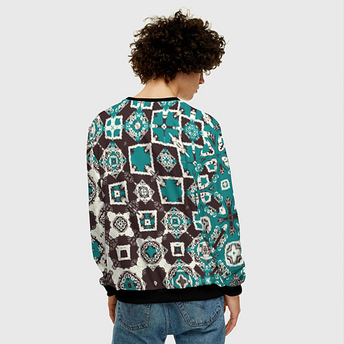 Мужской свитшот Бирюзово-коричневая геометрическая текстура / 3D-Черный – фото 4
