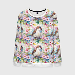 Свитшот мужской Воробей в ярких цветах паттерн, цвет: 3D-белый
