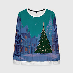 Свитшот мужской Зеленая новогодняя елка во вдоре, цвет: 3D-белый