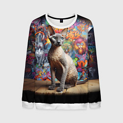 Свитшот мужской Коша породы Корниш-рекс на фоне граффити, цвет: 3D-белый