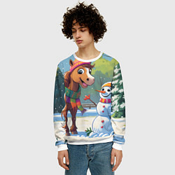 Свитшот мужской Лошадка и снеговик, цвет: 3D-белый — фото 2