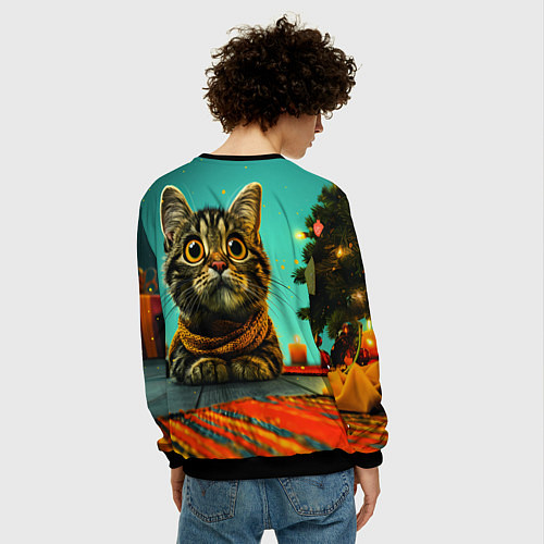 Мужской свитшот Котик под елкой / 3D-Черный – фото 4