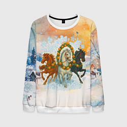 Мужской свитшот Новогодняя тройка лошадей с мандаринами