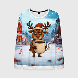 Мужской свитшот Уставший новогодний олень с кофе