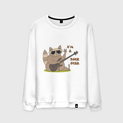 Свитшот хлопковый мужской Енот в очках и с бас-гитарой, цвет: белый