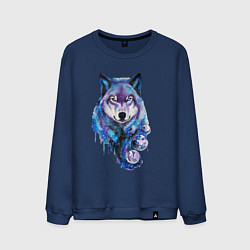Свитшот хлопковый мужской Волк акварель, цвет: тёмно-синий
